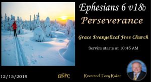 A person is cross-country skiing through a snowy landscape at sunset. There's text about a Church service, with a reference to Ephesians and the theme "Perseverance."