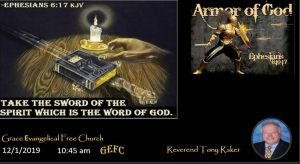 This image shows a religious advertisement featuring a hand holding a sword and Bible, a knight in armor, and details about a church service with Reverend Tony Raker.