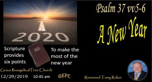 This image depicts a road leading to the horizon with "2020" written on it, a Bible, a church event announcement, and text referencing Psalm 37.