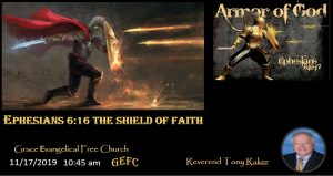 This image shows a fantasy knight with a shield and sword, a scripture reference from Ephesians, and details for a church event with a photo of Pastor Tony Raker