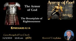 The image is a church event flyer featuring illustrations of two sets of armor, referencing the "Armor of God" from Ephesians 6:14, with service details and a photo of a clergy person.