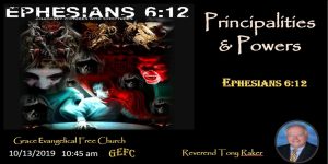 The image shows a dramatic, dark-themed religious event advertisement with a collage of fantastical creatures, a reference to Ephesians 6:12, and speaker details.