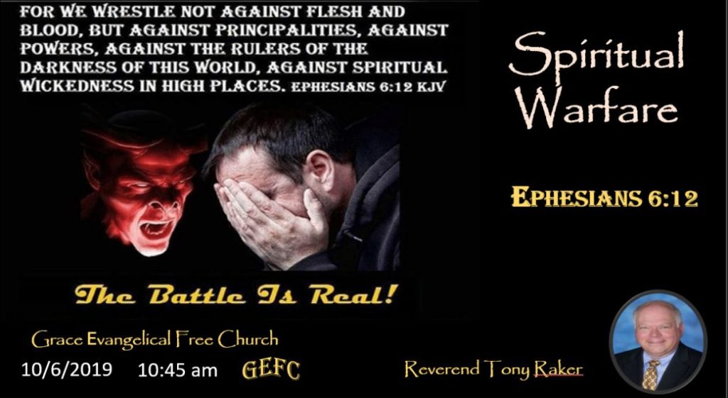 A promotional image for a religious event, titled "Spiritual Warfare," features a person screaming, a Bible verse, event details, and a pastor's photo.
