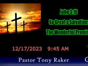 This image features three crosses against a vibrant sunset with text referring to a religious event involving scripture, salvation themes, a date, time, and a pastor's name.