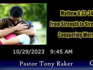 Two people are hugging in a park. A religious event advertisement includes a sermon title, Bible verses, date, time, and Pastor Tony Raker's name.