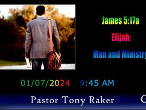 A person in a suit with a leather bag walks away towards trees, with text about a religious service featuring Pastor Tony Raker on January 7, 2024.