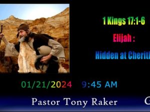 This image features a graphical representation for a biblical-themed presentation, showing a person as Elijah, a date, time, and reference to 1 Kings 17:1-6.