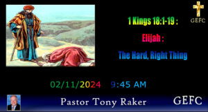 An announcement slide for a religious service featuring a biblical scene illustration, reference to 1 Kings 18:1-19, and details of the event with date and time.