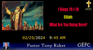 An announcement slide for a church service featuring an artistic depiction of the prophet Elijah, with event details, and a title questioning Elijah's purpose.