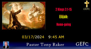 The image is a digital event flyer featuring an artwork of Elijah's ascent to heaven, details about a sermon on 2 Kings 2:1-15, and the speaker's photo.