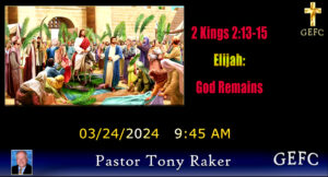 This image is a digital announcement for a church service featuring a biblical scene illustration, details of a sermon on Elijah, date, and time information.